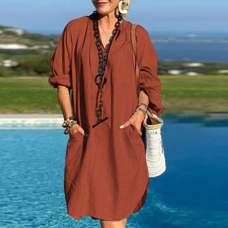 Robe décontractée en lin à manches longues et col en V pour femme, couleur unie