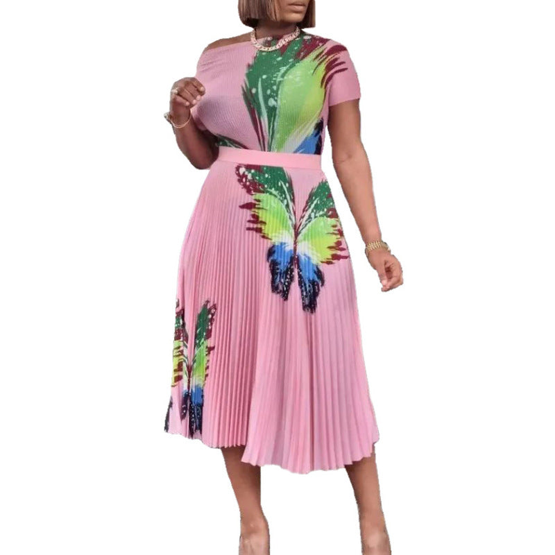 Women Fashion Plus Size Butterfly Print Top & Skirt Set