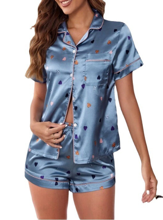 Women Cozy Homewear Short-Sleeved Imitation Silk Satin Pajamas