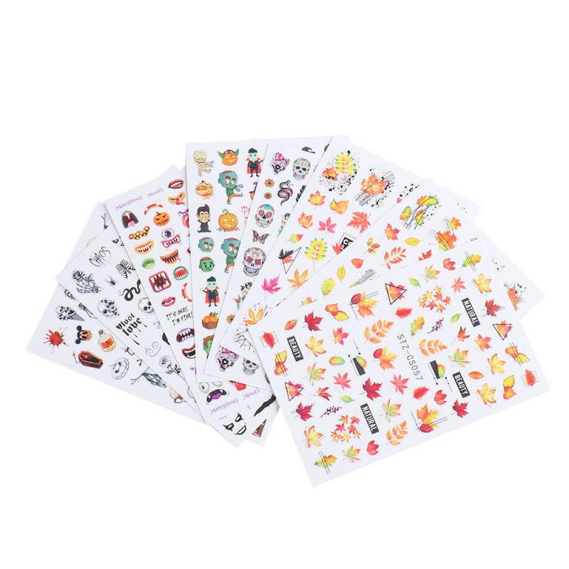 Halloween Skull Autumn Maple Leaf Pumpkin Ghost Nail Stickers