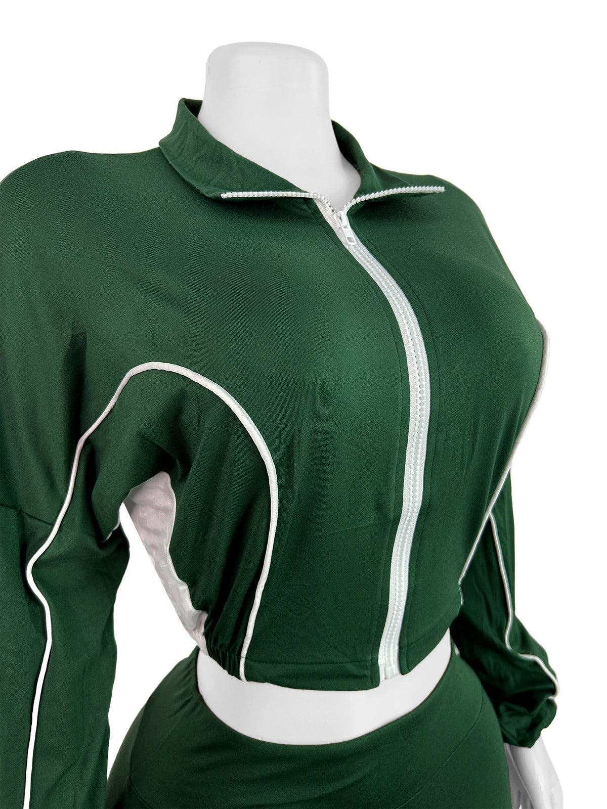 Fashion Women Double Stitching Contrast Color Zipper Crop Top and Wide-Leg Pants Set