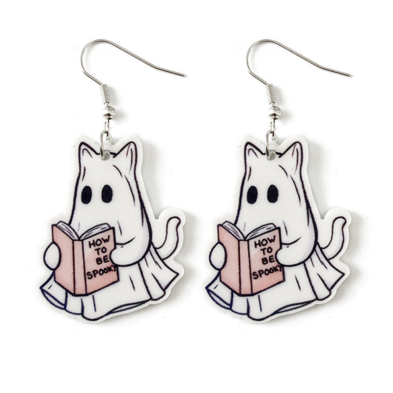 Pendientes acrílicos divertidos y creativos de gato fantasma para Halloween para mujer