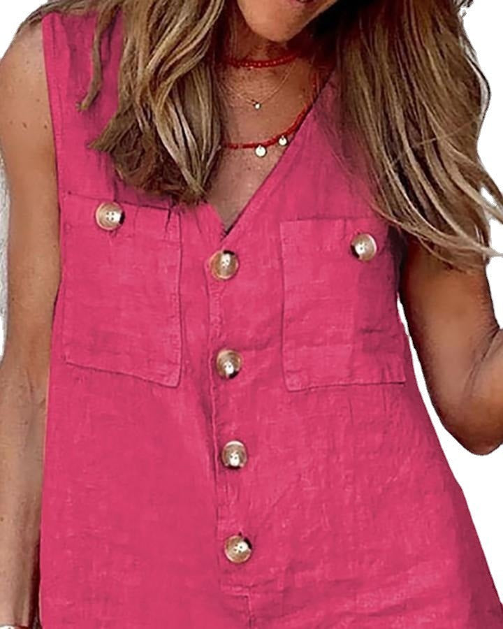 Combinaison débardeur boutonnée en coton et lin pour femme, col en V