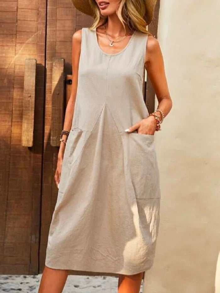 Vestido informal de lino y algodón de color liso sin mangas para mujer