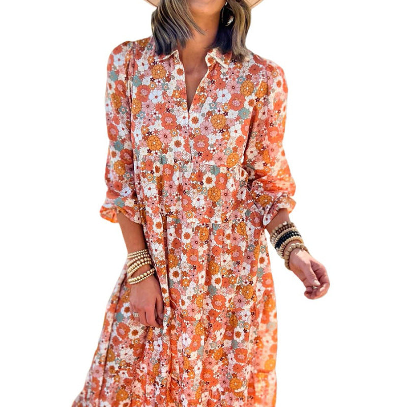 Robe mi-longue décontractée à manches longues et imprimé floral style bohème pour femme