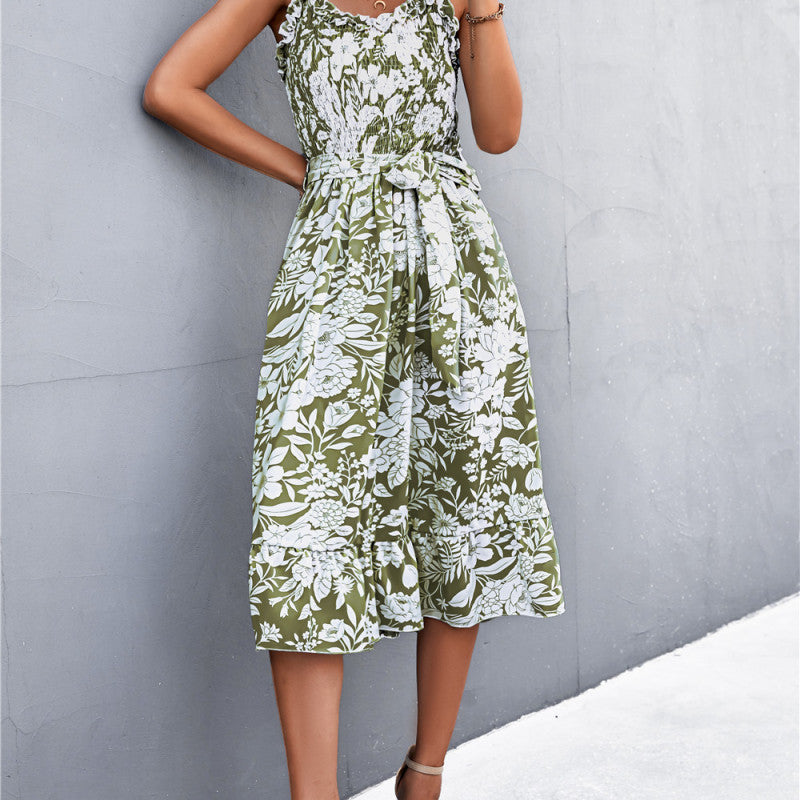 Vestido elegante bohemio sin mangas con volantes florales de verano para mujer