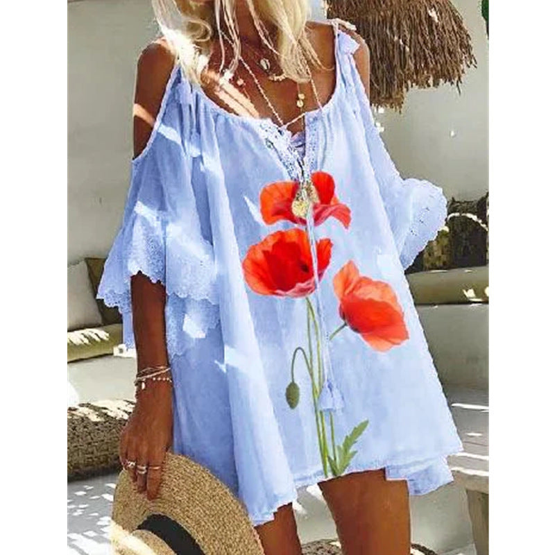 Women Fashion Bohemian Floral Print Vintage V Neck Short Sleeves Ruffled Midi Dress