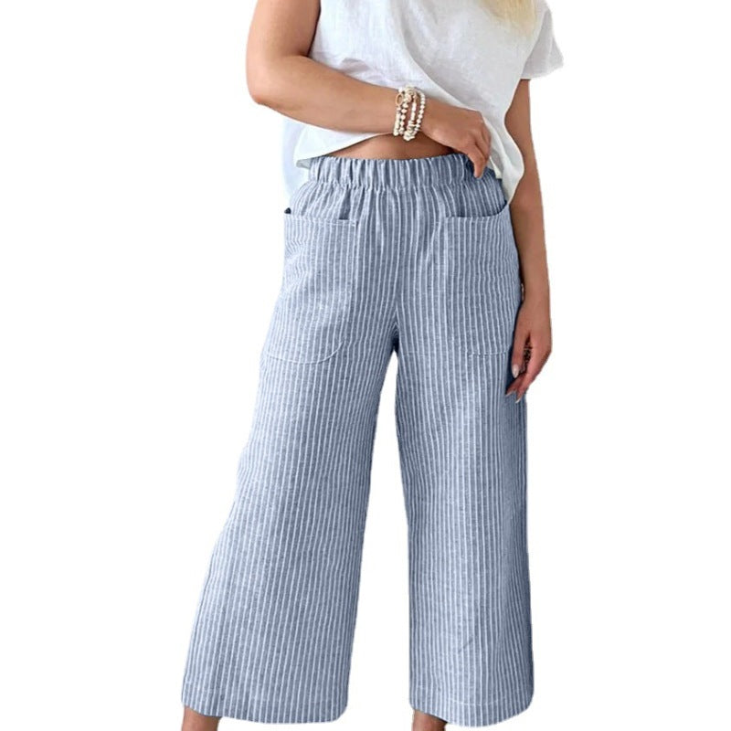Pantalones casuales de lino y algodón a rayas de pierna ancha para mujer