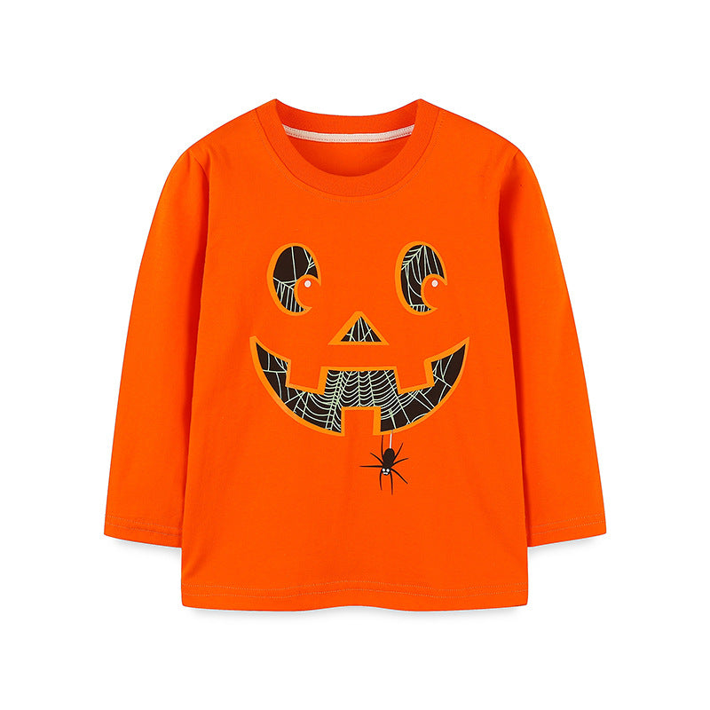 T-shirt à manches longues en coton imprimé citrouille pour enfants, garçons et filles