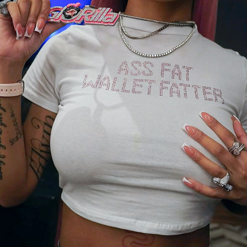 Sexy Women's Short-Sleeved Rhinestone Crop T-Shirt