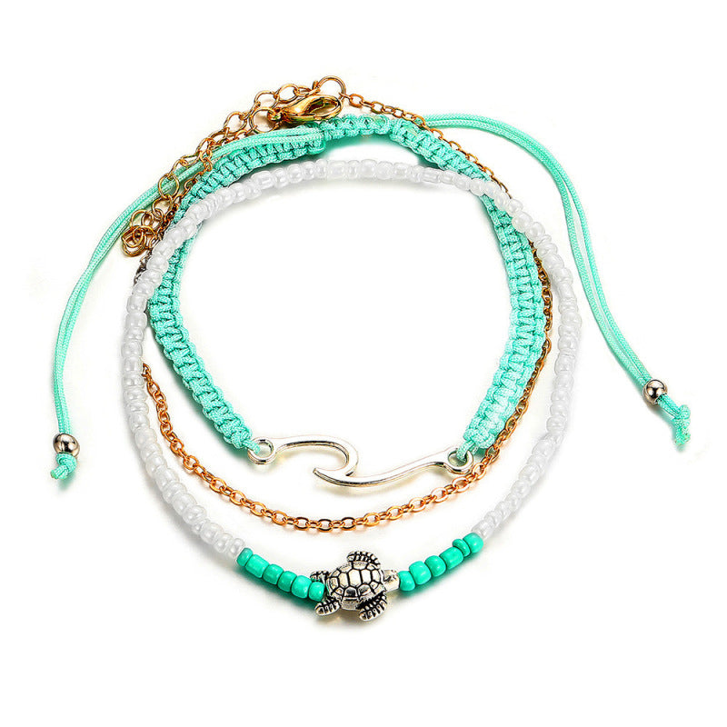 Conjunto de tobillera con colgante de tortuga con cuentas verdes bohemias