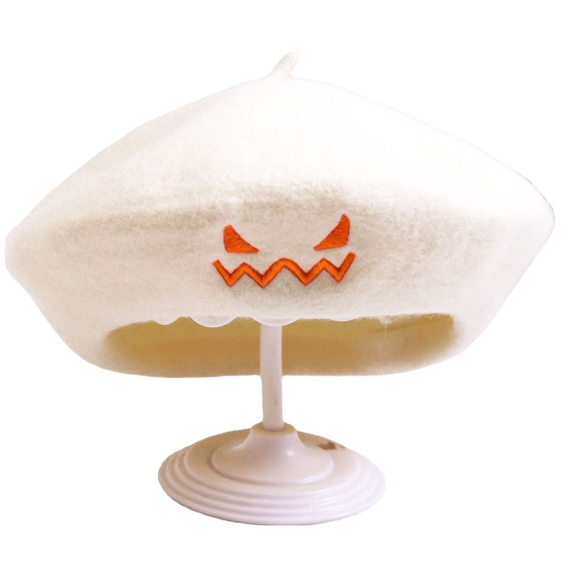 Béret brodé citrouille en laine pour femme, idéal pour Halloween