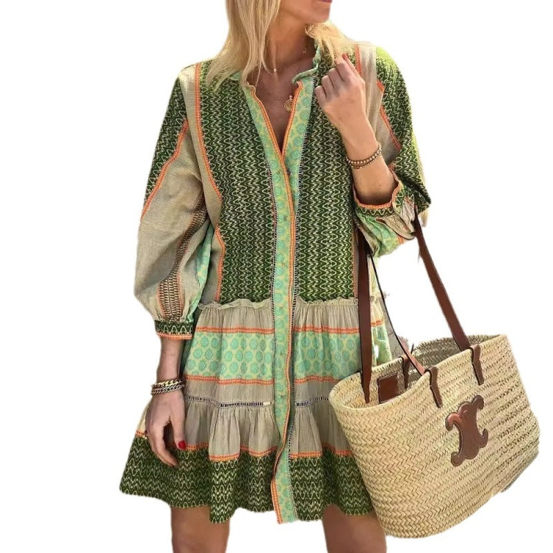 Vestido vintage bohemio de algodón y lino con estampado geométrico para mujer, manga larga