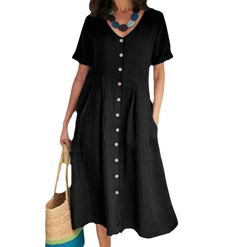 Robe midi taille haute en coton et lin, couleurs unies