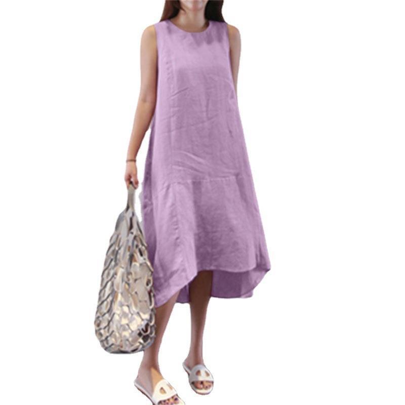 Robe décontractée sans manches en coton et lin de couleur unie pour femme