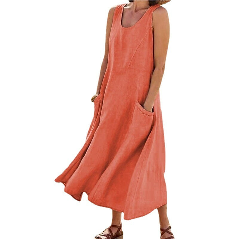 Robe d'été décontractée en lin de couleur unie pour femme