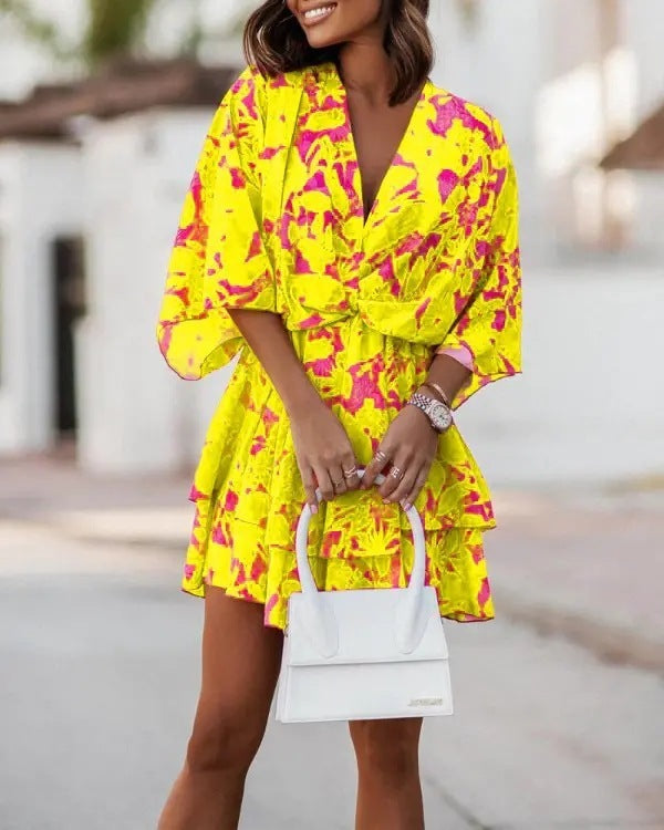 Vestido informal bohemio con cuello en V y mangas dolman para mujer