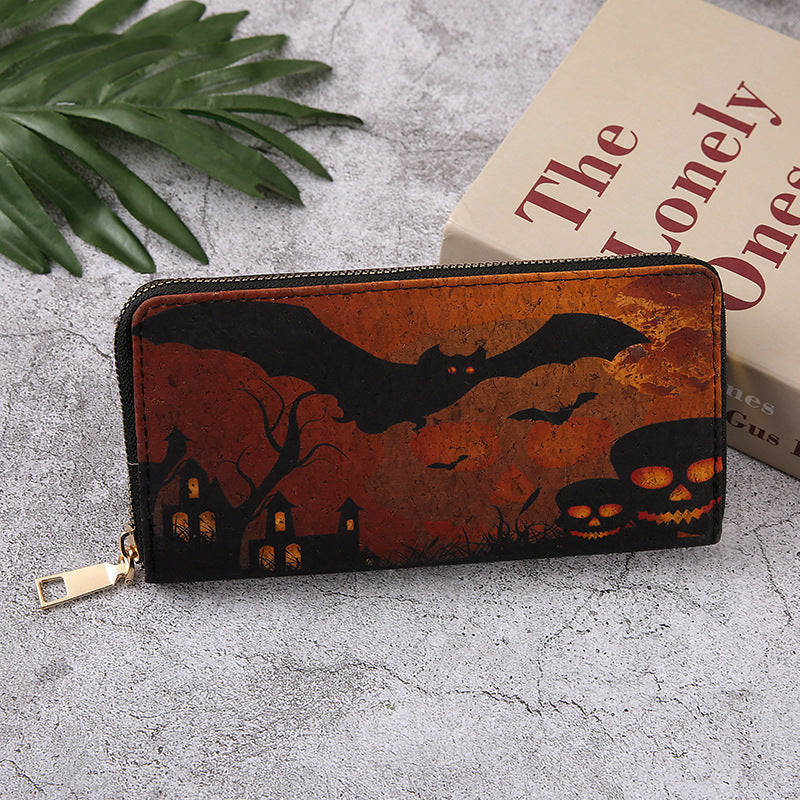 Monederos con cremallera multicapa con estampado de calabaza y murciélago de Halloween para mujer
