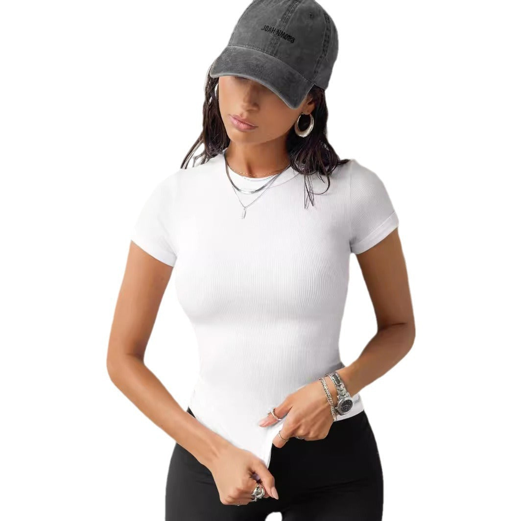 Camiseta sencilla de manga corta con cuello redondo, ajustada y entallada para mujer
