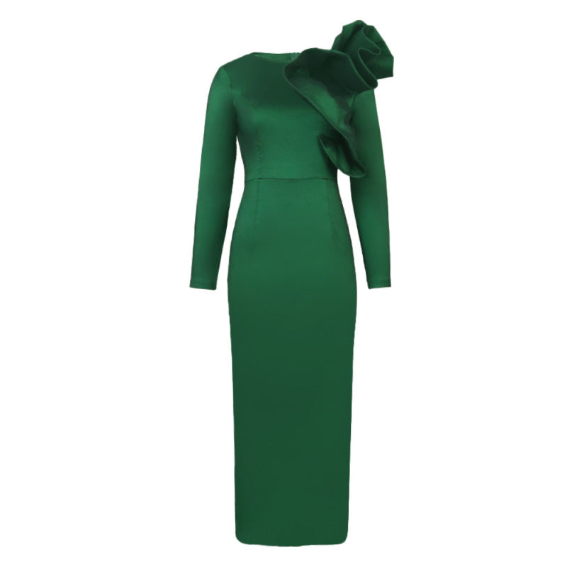 Women Fashion Elegant Ruffled Long Sleeve Solid Color Cocktail Party Dress