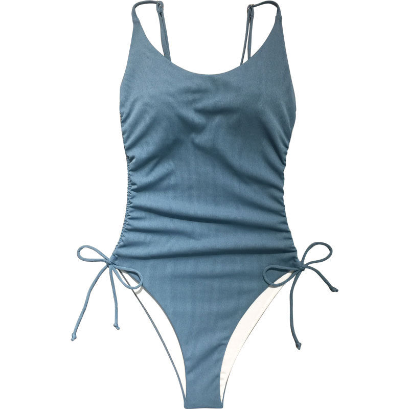 Summer Women Beach Vacation Solid Color Drawstring Swimsuit