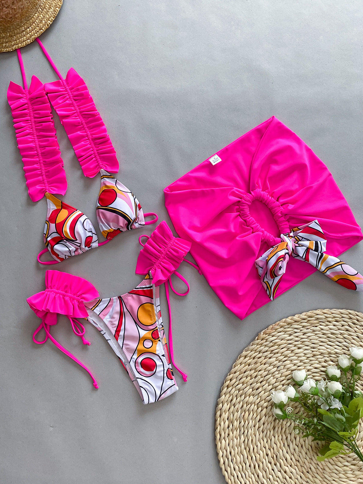 Conjunto de tres piezas para mujer, traje de baño con volantes para vacaciones de verano