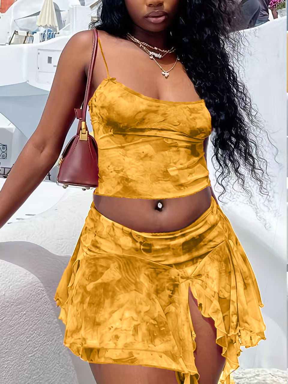 Women Fashion Sexy Tie-Dye Mesh Camisole Skirt Set