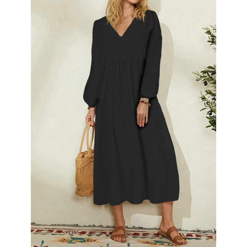 Vestido largo informal de algodón y lino con cuello en V para mujer