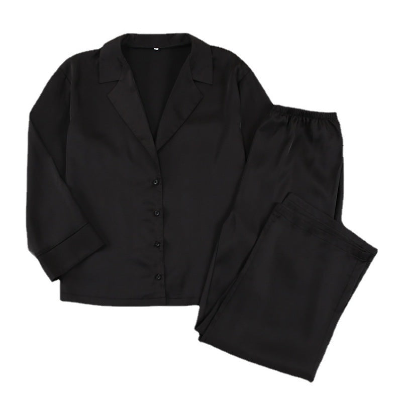 Women's Long-Sleeved Solid Satin Two-Piece Pajamas