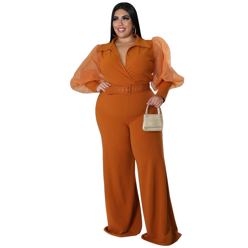 Plus Size Women Color Contrast Collar Jumpsuits