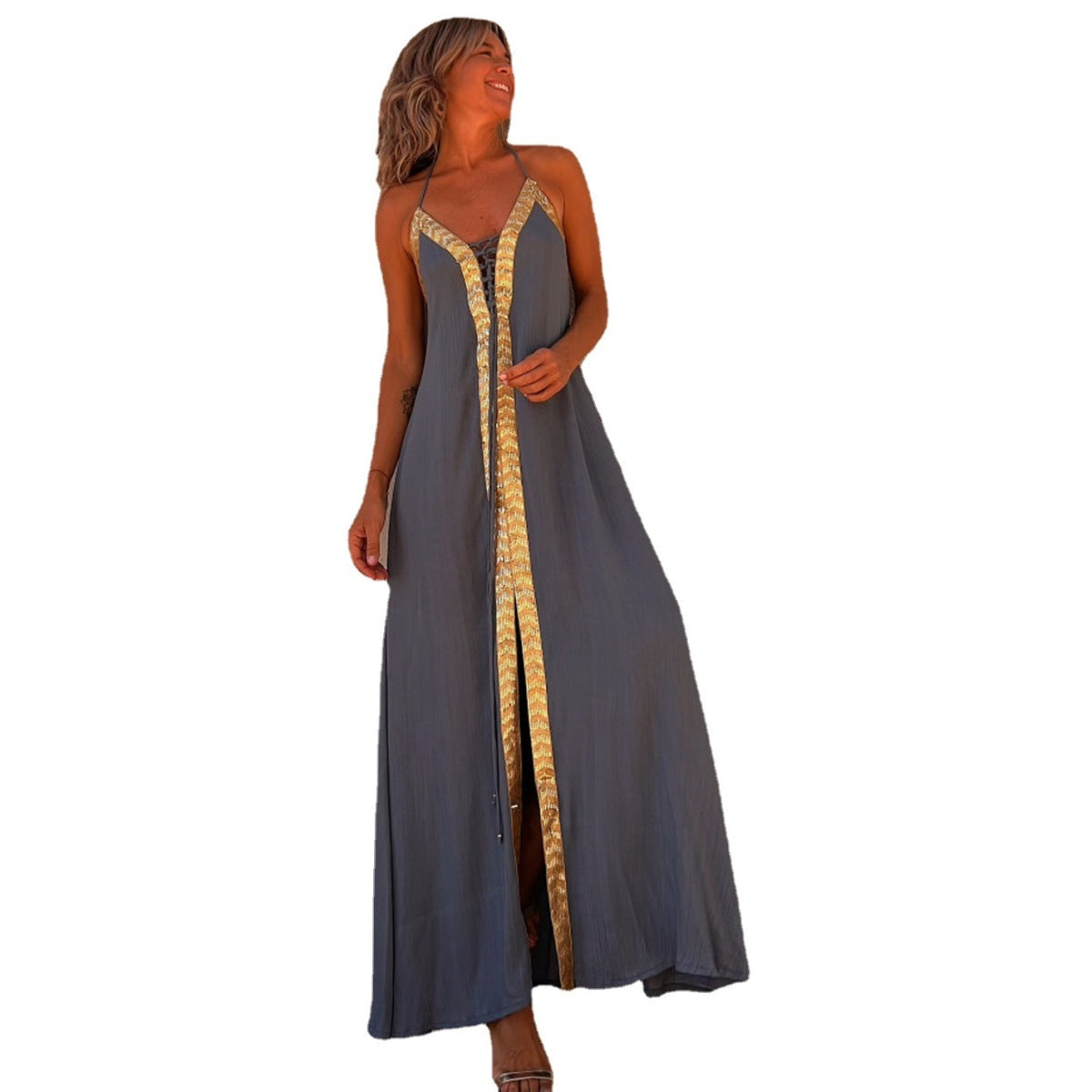 Vestido largo informal de verano con cuello halter y mangas abullonadas para primavera y verano