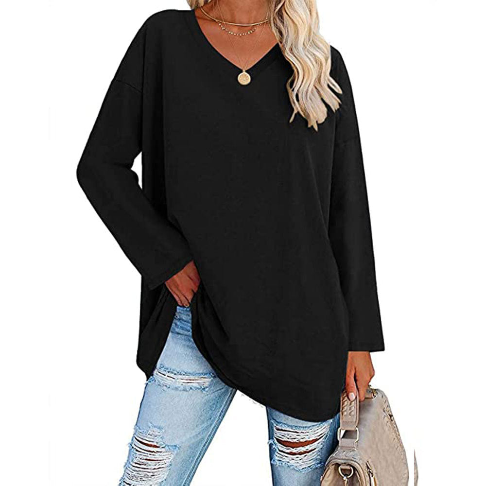 Women Casual Solid Color V-Neck Long Sleeve Blank T-Shirt