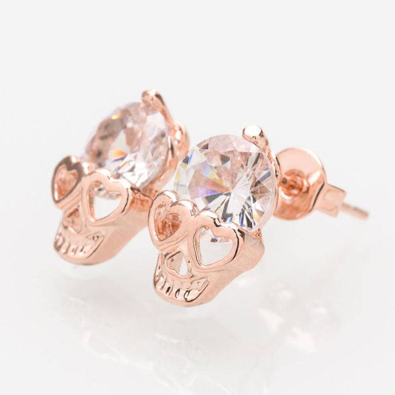 Women Rose Gold Tone Crystal Skull Stud Earrings