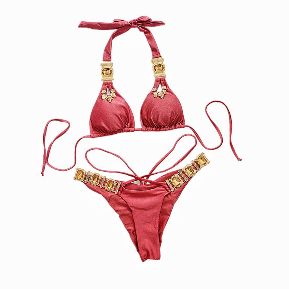 Bikini sexy con cadena de diamantes de imitación para mujer