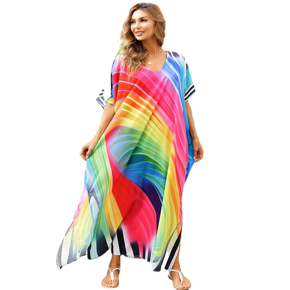 Women Fashion Vacation Beach V-Neck Rainbow Print Swimsuit Cover-Up