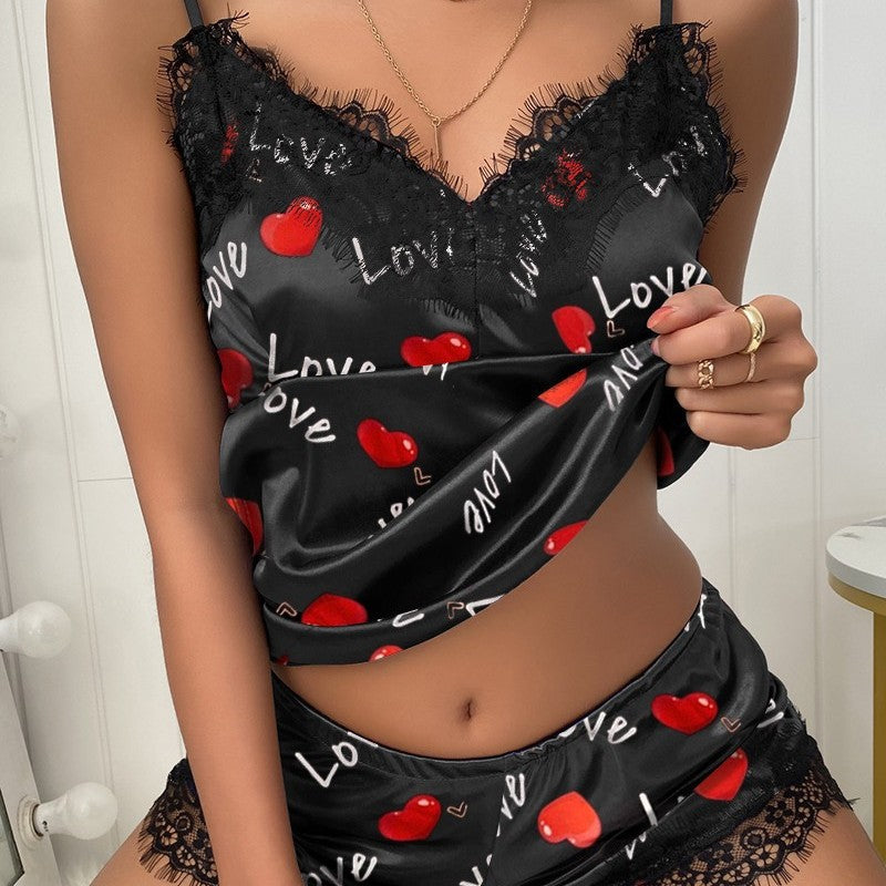 Women Cozy Heart Love Printed Lace Satin Pajamas Two-Piece Set