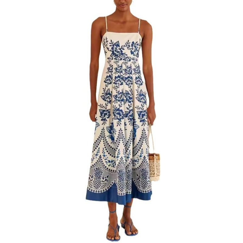 Vestido largo bohemio con tirantes y estampado informal para mujer en azul
