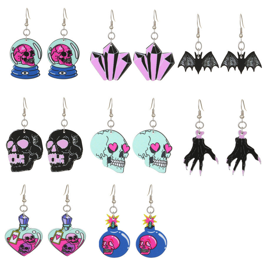 Halloween Women Fashion Creative Bat Skull Acrylic Earrings