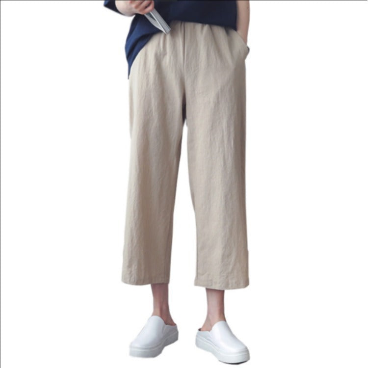 Women Fashion Casual Solid Color Linen Loose Cropped Pants