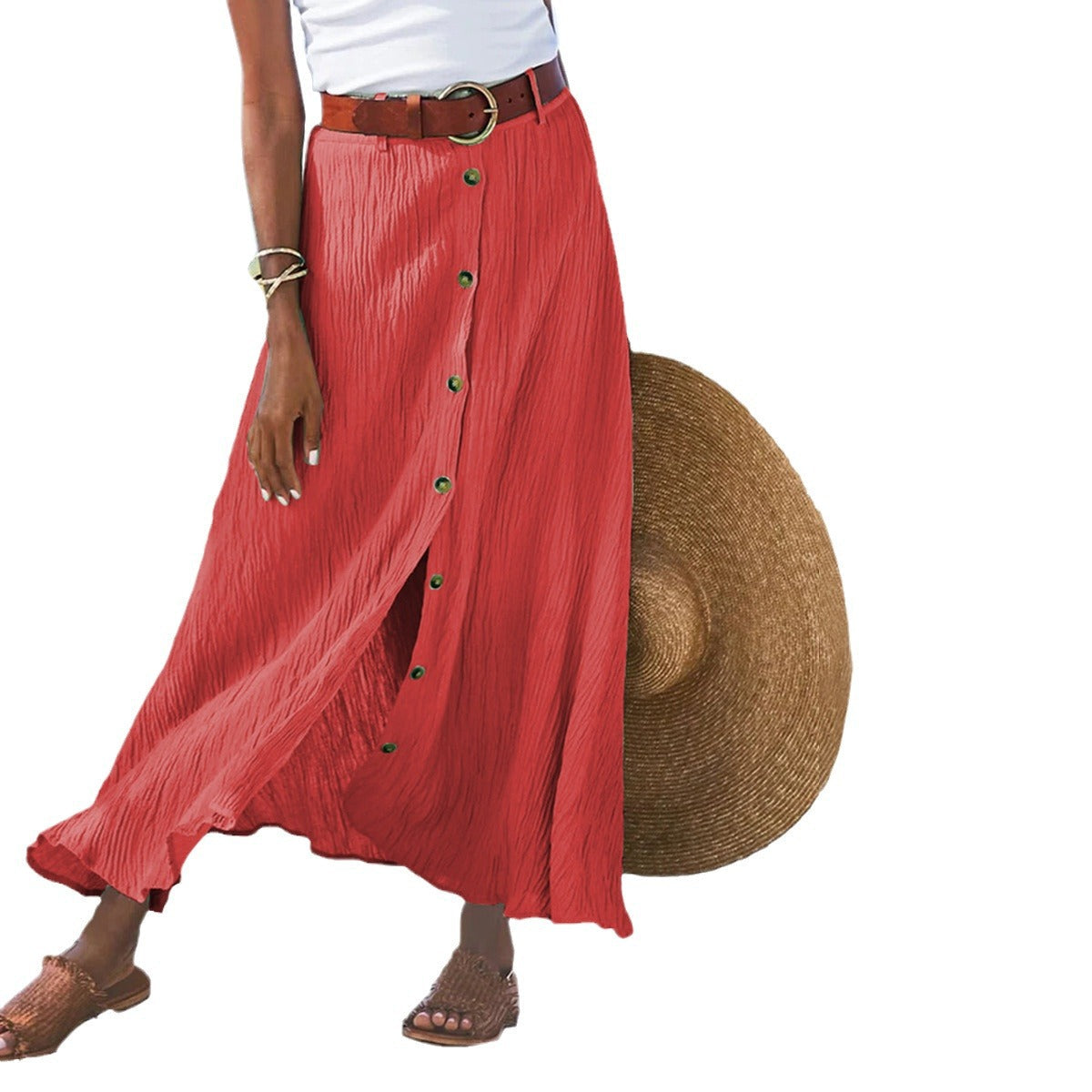 Summer Women Casual Button Decorative Cotton Skirt