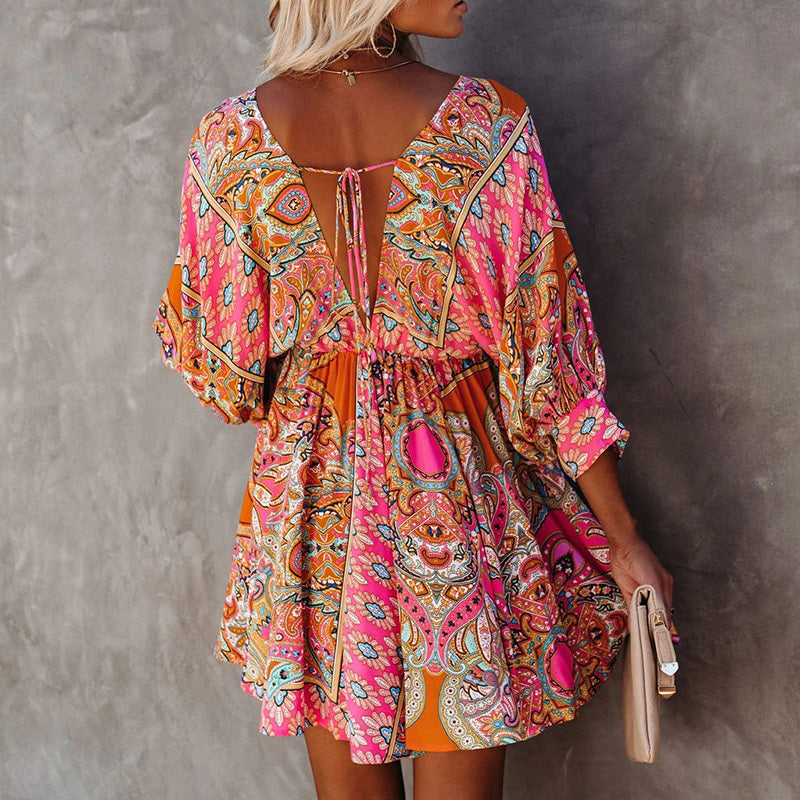 Bohemian Women Elegant Vintage V Neck Ruffled Long Flare Sleeves Mini Dress
