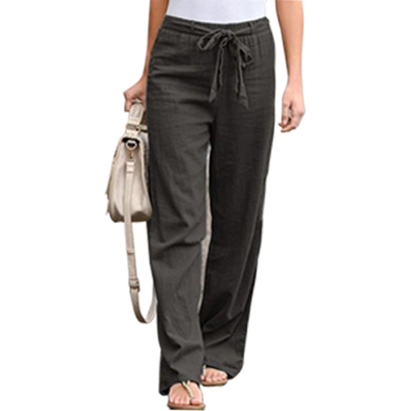Women Solid Color Linen High Waist Lace Up Wide Leg Pants