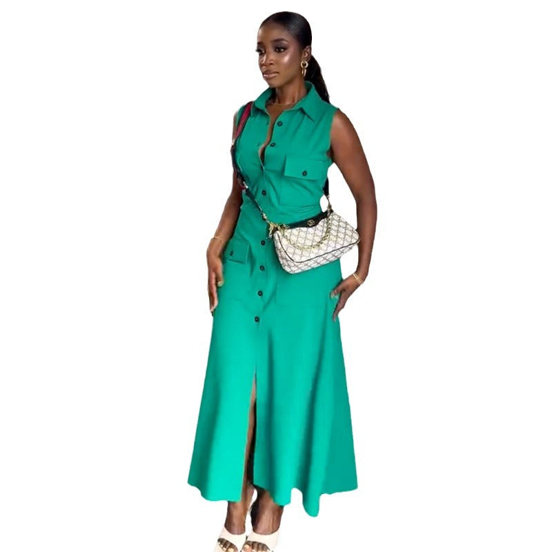 African Women Summer Sleeveless Cardigan Dress in Polyester