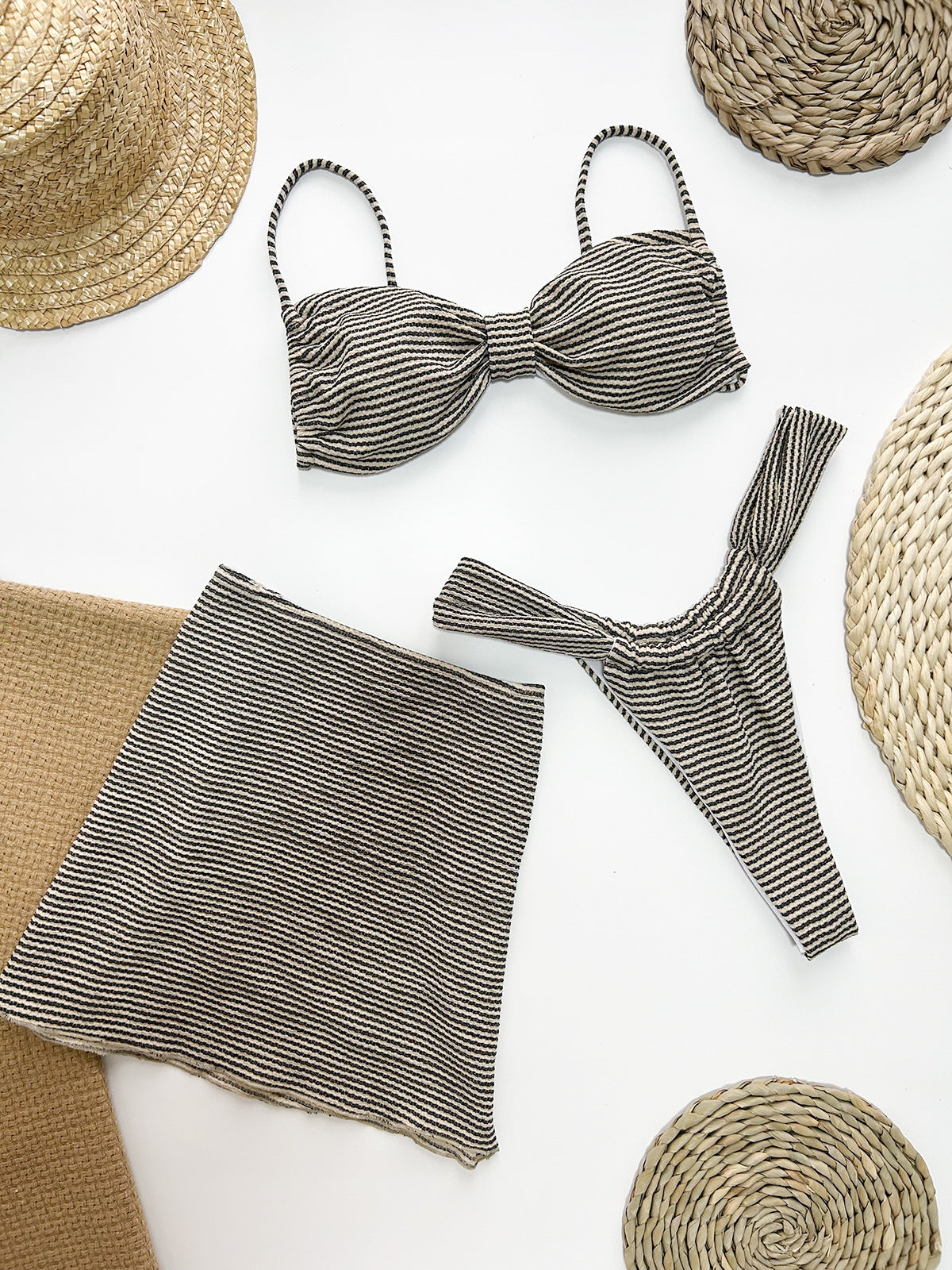 Three-Piece Stripe Bikini Swimwear Coverup Set