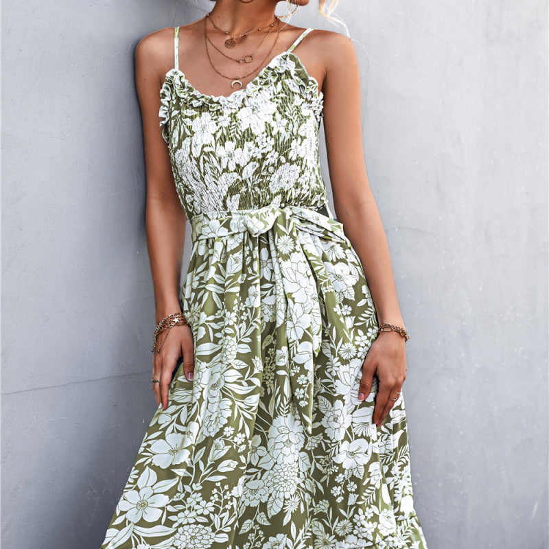 Vestido elegante bohemio sin mangas con volantes florales de verano para mujer