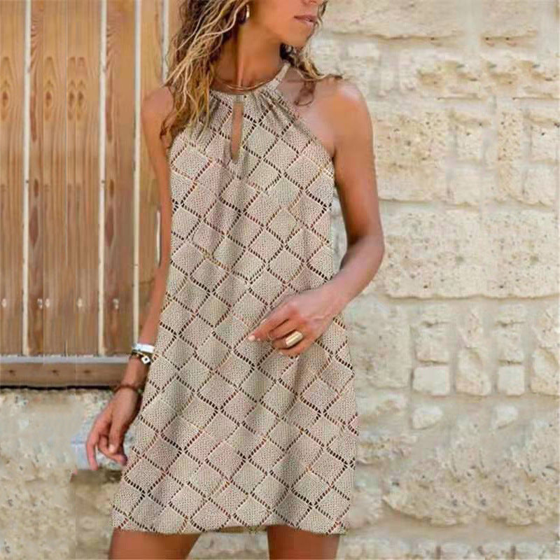 Vestido informal bohemio con estampado floral y cuello halter calado para mujer, talla grande