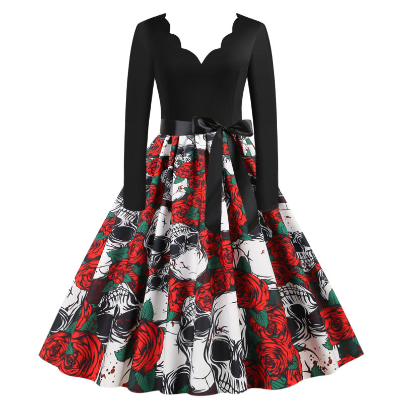 Vestido informal de Halloween con estampado de calavera y rosa para mujer
