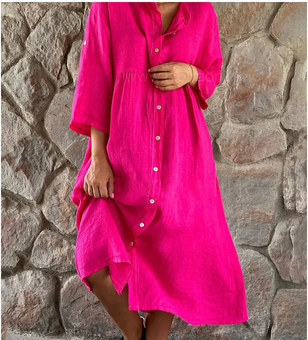 Robe chemise boutonnée décontractée en coton et lin pour femme, couleur unie