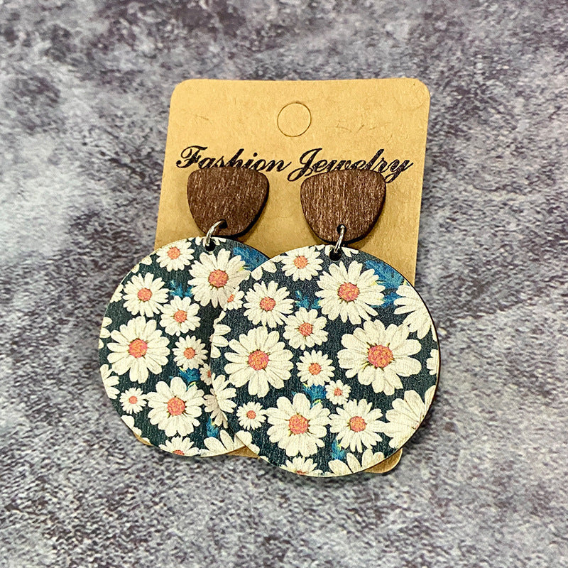 Boucles d'oreilles bohèmes rétro en bois avec coutures florales