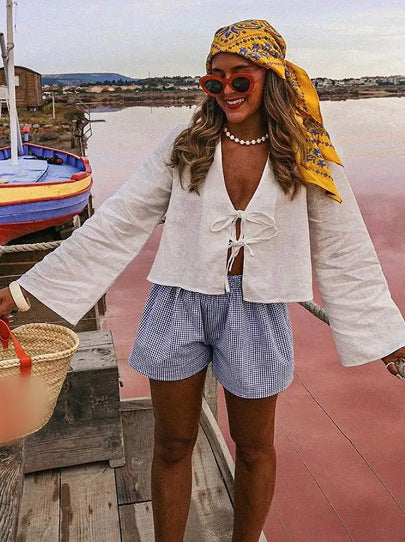 Women Vacation Deep V Neck Flare Sleeve Blouse